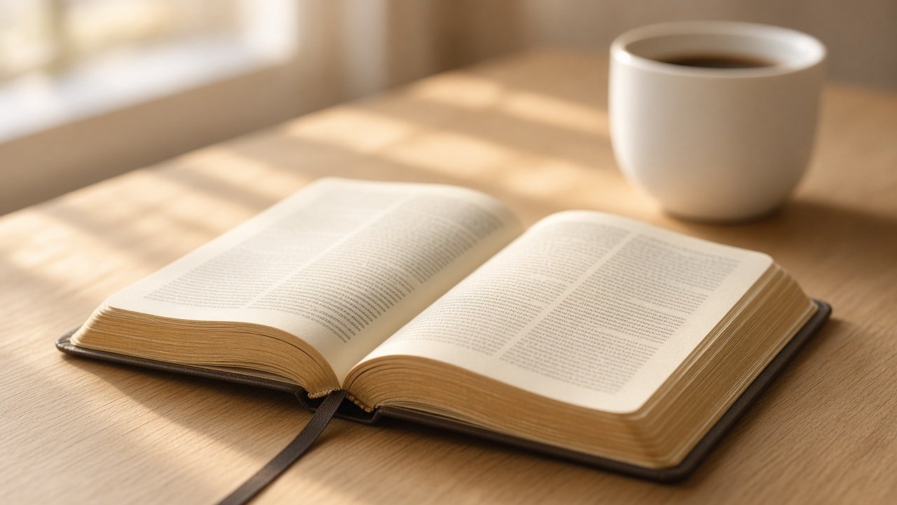 Otwarta Biblia na drewnianym stole w porannym świetle